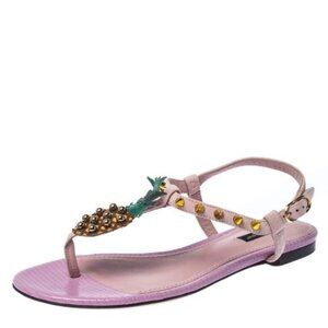 Dolce & Gabbana Pink Suede Leather Studded Pineapple Thong Sandals